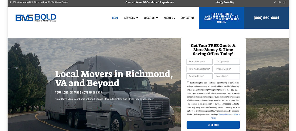 Semi-truck on a suburban road with trees on the side, overlaid with the headline: 'Local Movers in Richmond, VA and Beyond' and subtext about easy long-distance moves.