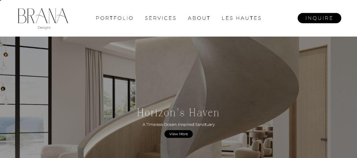 Hero image of a modern interior with a dramatic spiral staircase, bright windows, and neutral tones; text overlays advertise Horizon's Haven and a View More CTA.