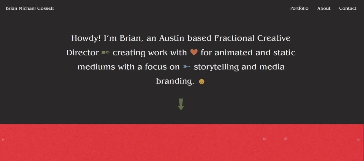 Hero: Brian introduces himself as an Austin-based fractional creative director focused on storytelling and media branding, with a green down-arrow beneath.