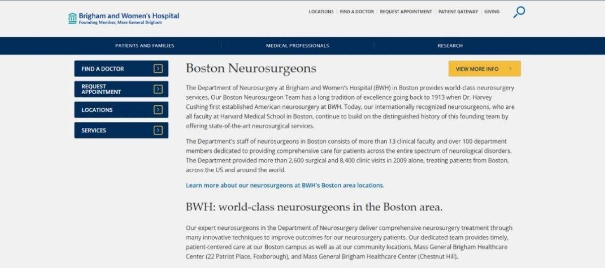 Brigham and Women's Hospital page on Boston Neurosurgeons with a left navigation menu and 'View More Info' button at top right.