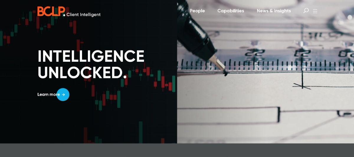 Split hero image: bold 'INTELLIGENCE UNLOCKED.' text on a dark left panel with BCLP logo, and a pen with a ruler on the right.