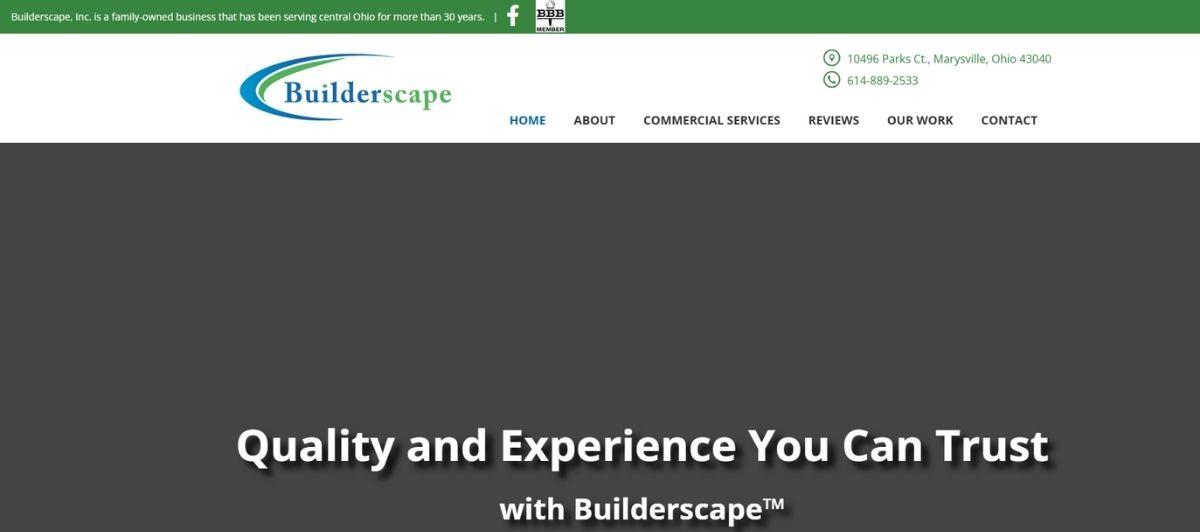 Hero banner with the Builderscape logo and navigation, featuring the slogan 'Quality and Experience You Can Trust with Builderscape' on a dark gray background.