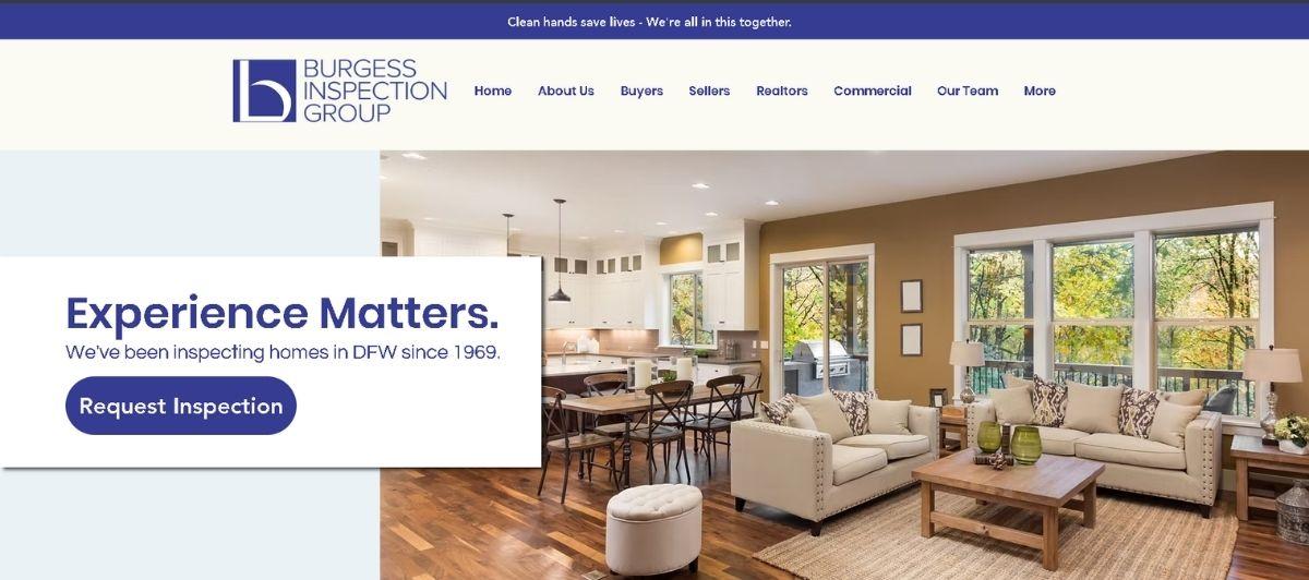 Hero image of a bright open-plan living room and kitchen with a promotional card reading 'Experience Matters. We've been inspecting homes in DFW since 1969.'