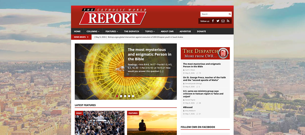 The Catholic World Report homepage with a red header, navigation, hero feature image, and a right sidebar of articles.
