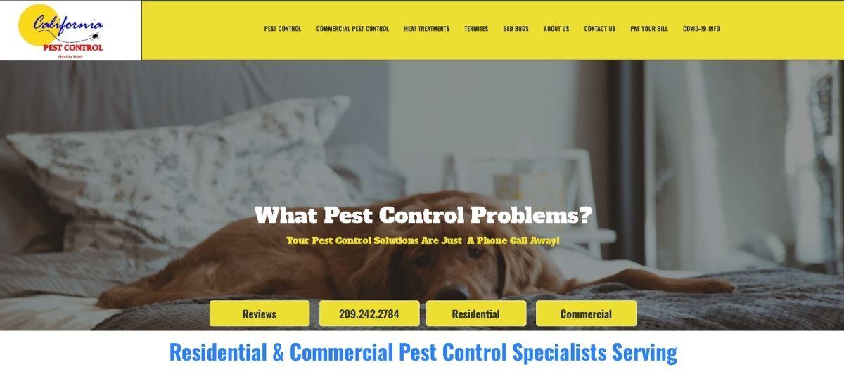 Hero banner for California Pest Control with a dog on a bed, bold headline, yellow navigation bar, and four yellow CTA buttons: Reviews, phone, Residential, Commercial.