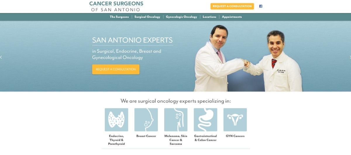 Two doctors in white coats shake hands in a blue banner for San Antonio cancer surgeons, with a yellow Request a Consultation button to the left side.