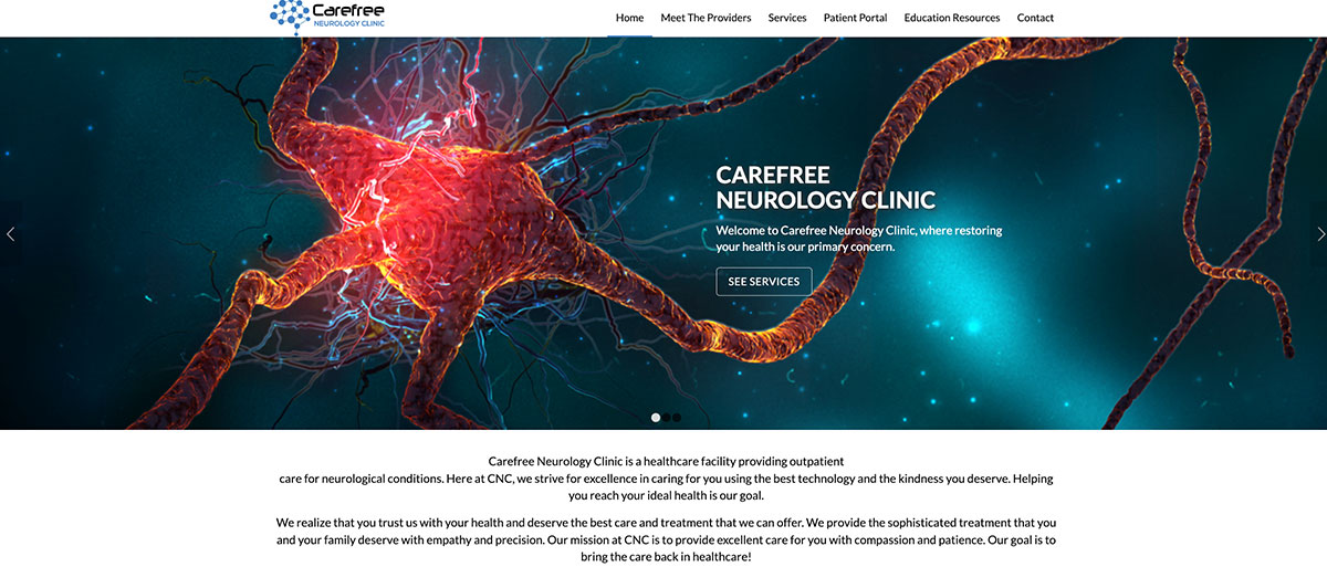 Carefree Neurology Clinic hero image with a glowing neuron and a 'See Services' button.
