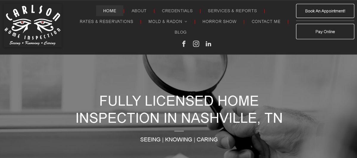 Hero banner for a Nashville home inspection service with a hand holding a magnifying glass and the headline 'Fully Licensed Home Inspection in Nashville, TN' (Seeing | Knowing | Caring).