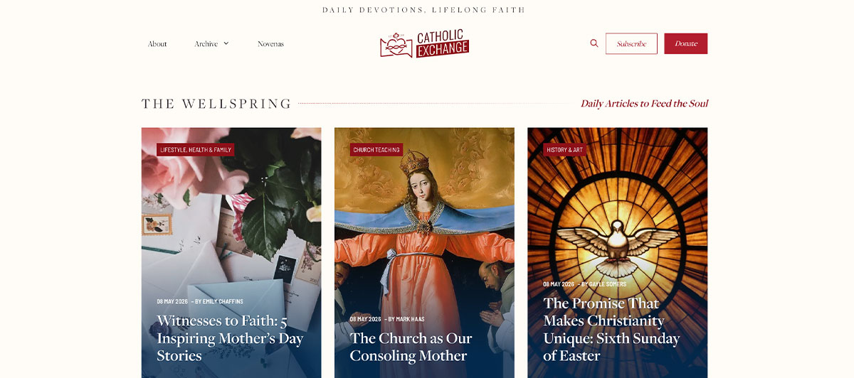 Homepage hero grid showing three article cards on faith topics, each with a category tag and title (Lifestyle, Church Teaching, History & Art).