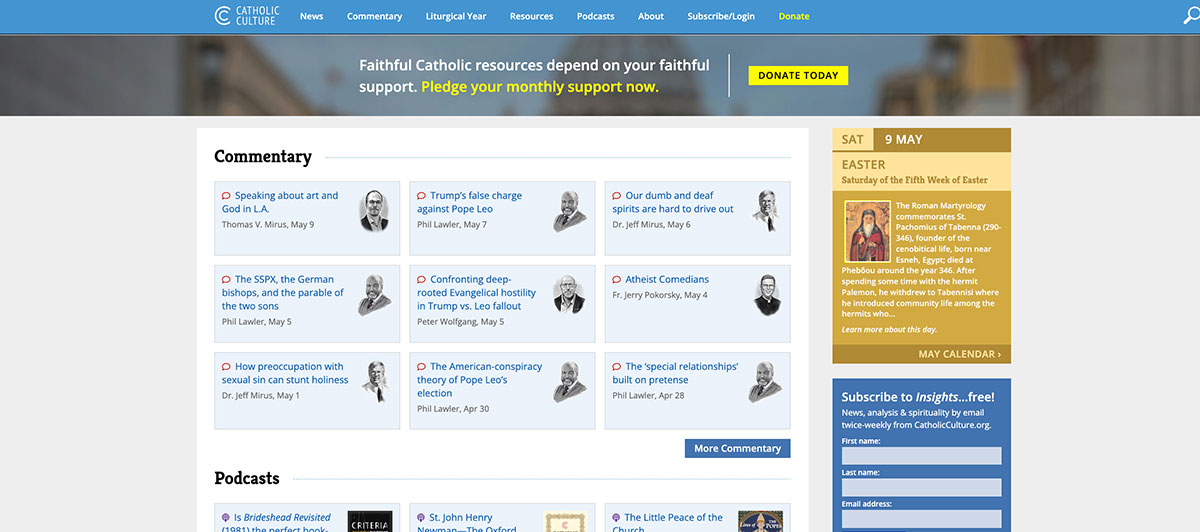 Catholic Culture commentary page with a grid of article tiles and a right sidebar featuring a May calendar and a subscribe box.