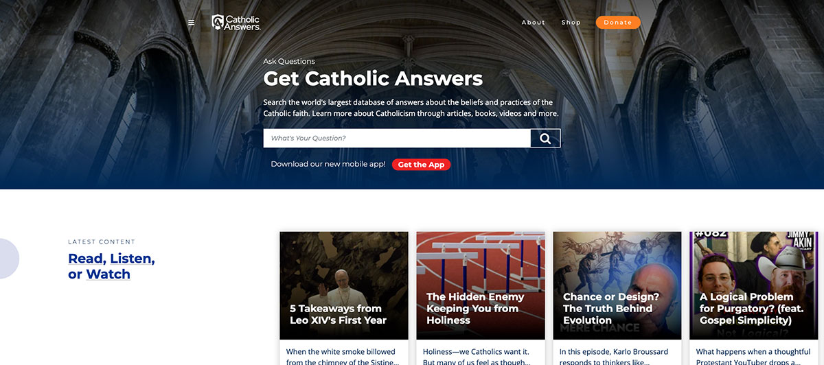 Catholic Answers homepage hero with a search bar and dark architectural backdrop
