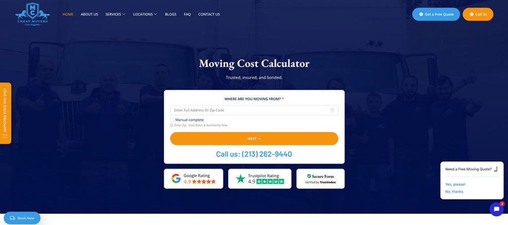 Hero section with a 'Moving Cost Calculator' form and contact number on a blue-toned website header for a moving company (informational).