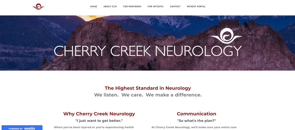 Mountain landscape banner with the Cherry Creek Neurology logo and site title overlaid, plus a white navigation bar at the top.
