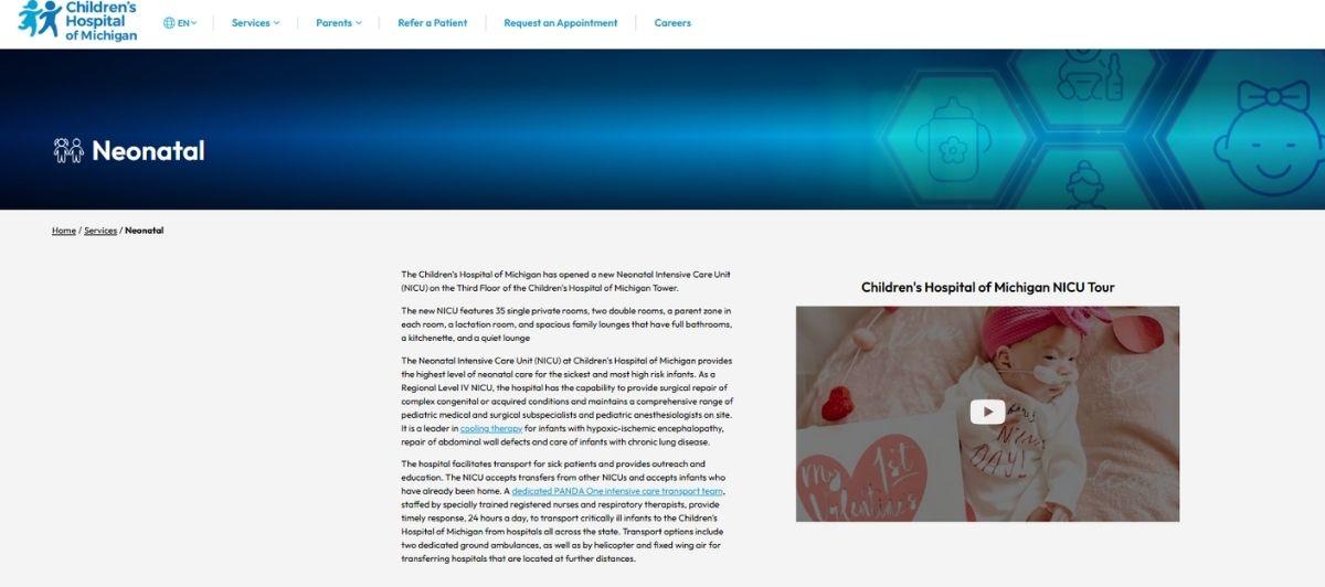 Banner for Children's Hospital of Michigan Neonatal section with NICU Tour video thumbnail on the right side.