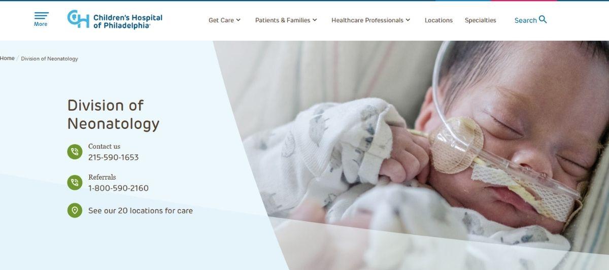 Division of Neonatology page showing contact numbers and a sleeping newborn on the right side of the layout