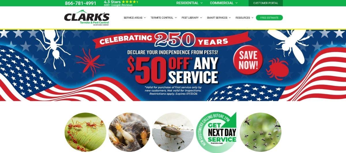 Patriotic banner for Clark's Termite & Pest Control with 250th anniversary celebration and a off any service promotion behind an American flag background.