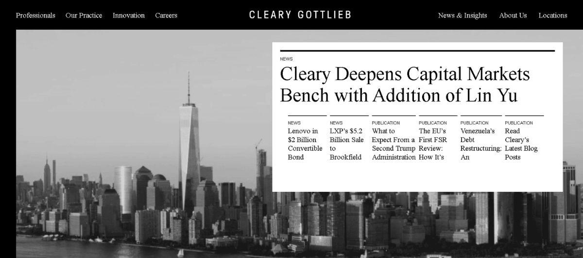 Grayscale city skyline with a white newspaper-style headline panel overlaying the image, on a dark site header reading Cleary Gottlieb, professionals menu visible above.