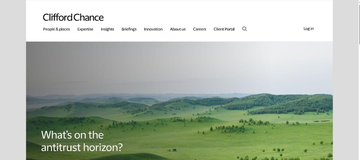 Clifford Chance site header with navigation; hero landscape of green rolling hills and distant mountains, overlaid with 'What’s on the antitrust horizon?'