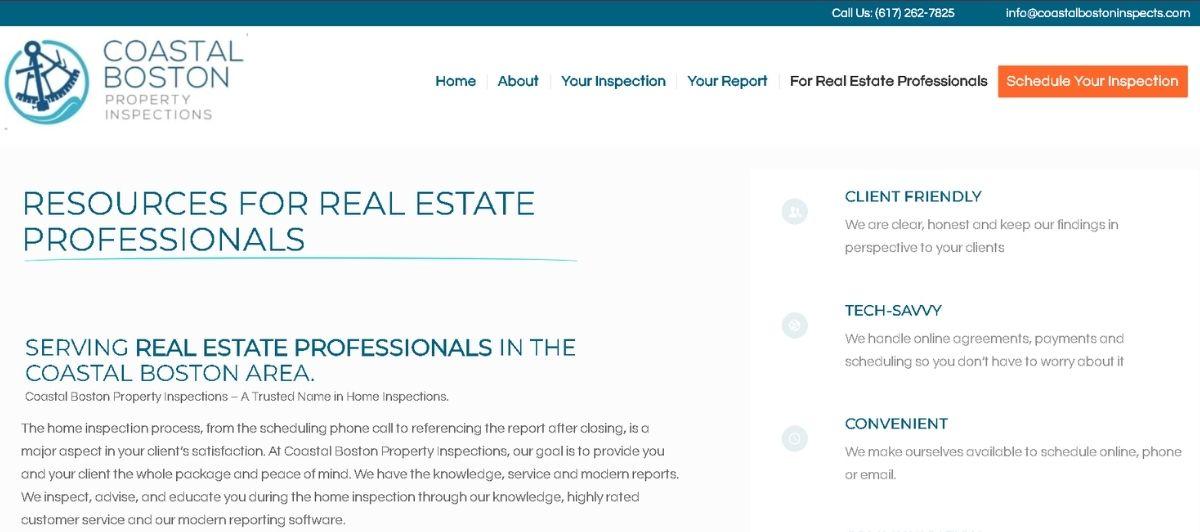 Coastal Boston Property Inspections homepage hero with logo, navigation, and the headline 'Resources for Real Estate Professionals' beside a right column of three service bullets.