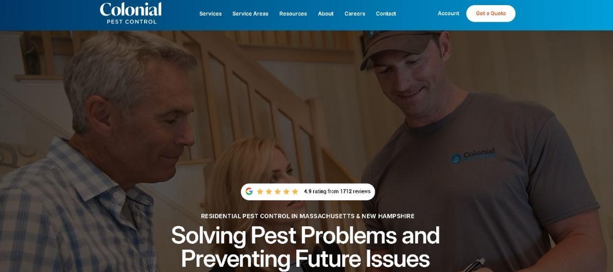 Two Colonial Pest Control technicians discuss pest control in a home, with branding visible at the top edge of the page.