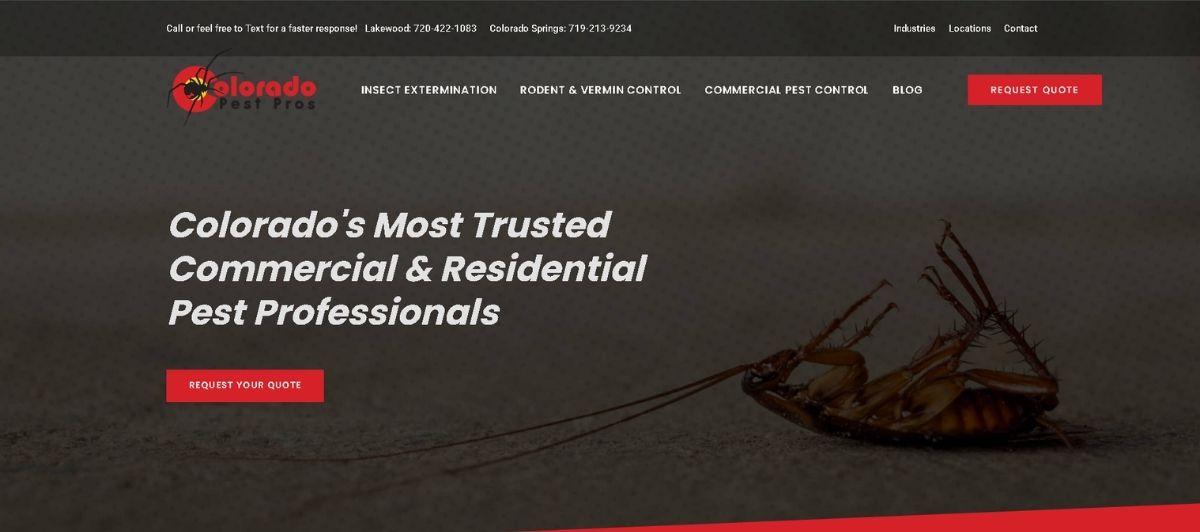 Hero banner for Colorado Pest Pros featuring a dead cockroach on a dark textured background and a red 'Request Your Quote' button.