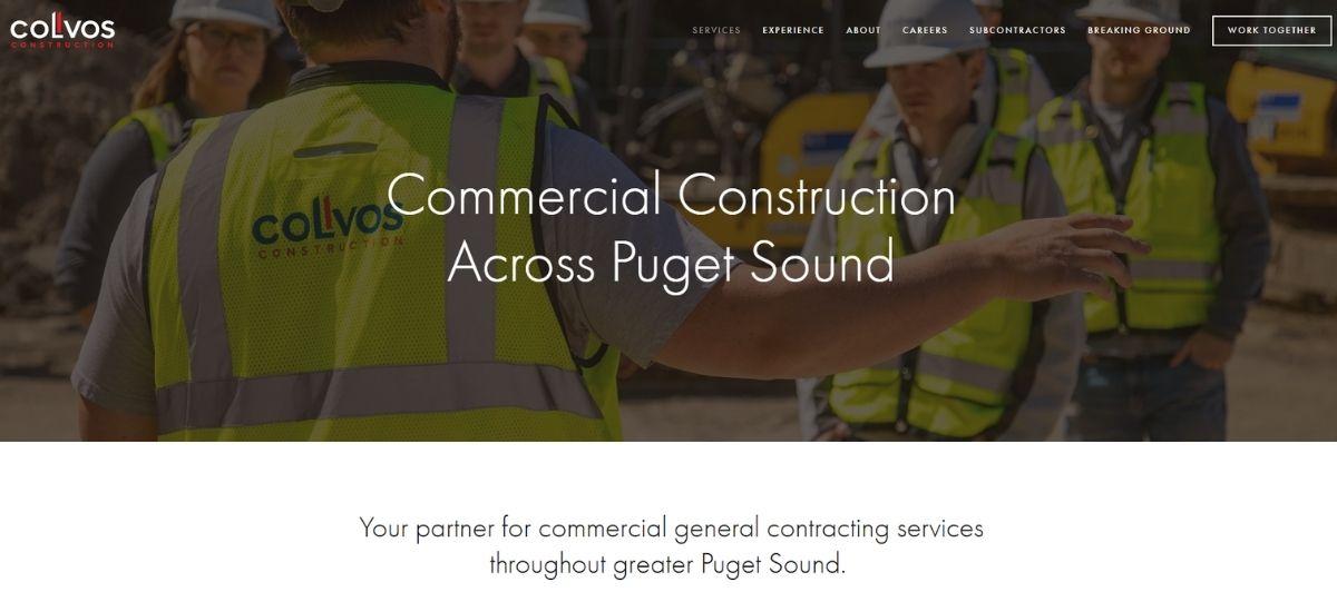 Construction workers in high-visibility vests on a job site with the headline 'Commercial Construction Across Puget Sound' (ColvOS logo visible).