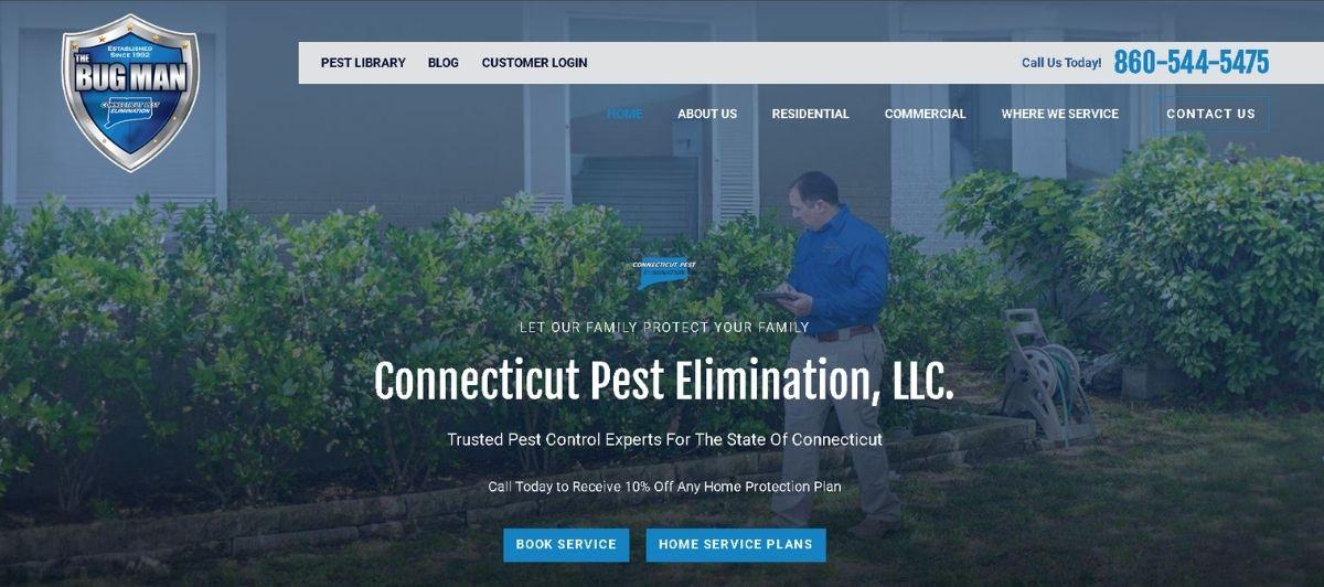 Homepage hero showing Connecticut Pest Elimination, LLC with a technician in a blue shirt inspecting a hedge in front of a house logo on the left and navigation links above the hero text.