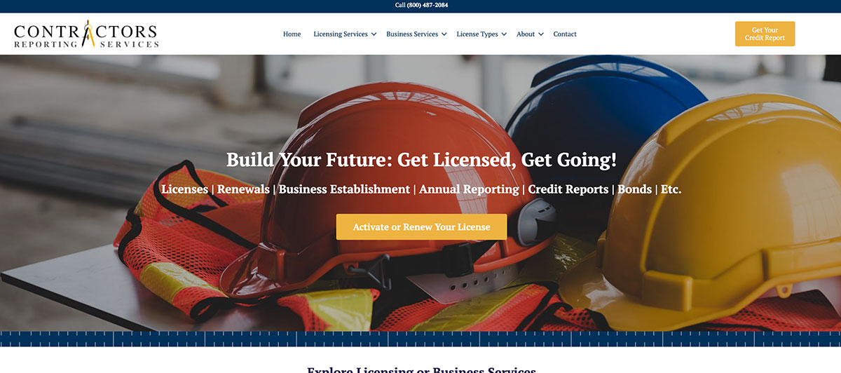 Hero banner with red, blue, and yellow hard hats and the headline 'Build Your Future: Get Licensed, Get Going!'