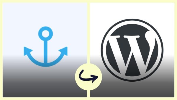 Split banner with a blue anchor on the left, a circular badge with a curved arrow in the center, and the WordPress logo on the right, suggesting platform transfer or integration.