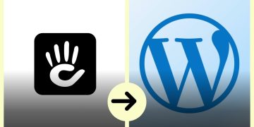 Left: black rounded-square icon with a white hand; right: blue WordPress logo; a yellow circle with a black right-arrow between them signals migration to WordPress.