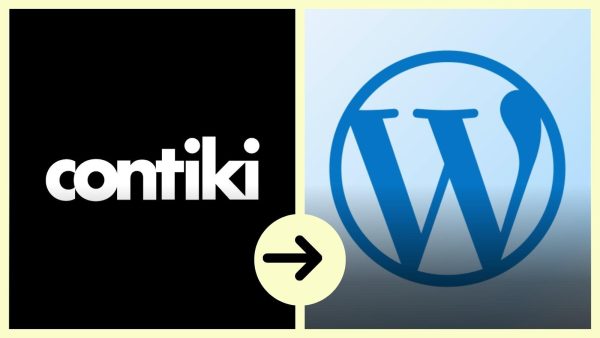 Split image showing the Contiki logo on a black background left and the WordPress logo on a light blue gradient right, connected by a pale circular hub with a black rightward arrow indicating migration