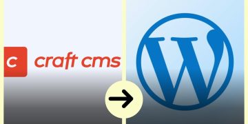 Left Craft CMS logo and right WordPress logo with a circular yellow arrow pointing right, indicating migration from Craft CMS to WordPress.