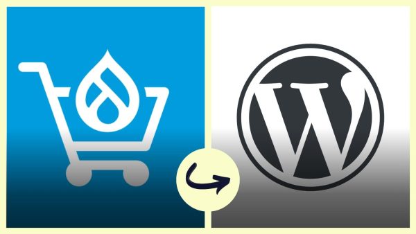 Left: blue Drupal Commerce logo featuring a shopping cart and droplet; right: WordPress logo; central circle with a migration arrow suggesting switching platforms