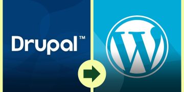 Left: Drupal logo and right: WordPress logo separated by a green arrow in a pale circle, symbolizing moving from Drupal to WordPress.