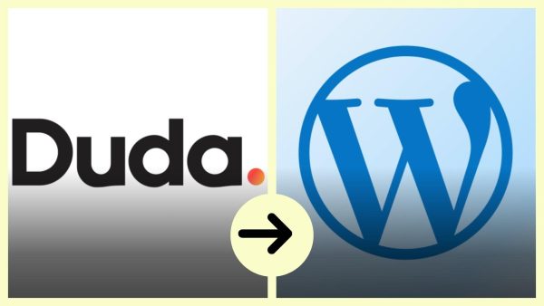 Left: Duda logo; right: WordPress logo; circle arrow indicates moving from Duda to WordPress (migration).