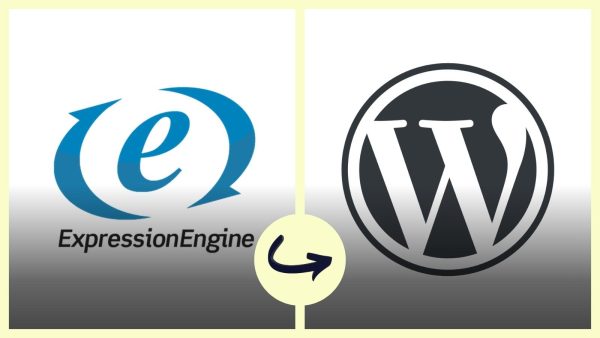 ExpressionEngine logo on the left and WordPress logo on the right with a circular arrow between, indicating migration between platforms.