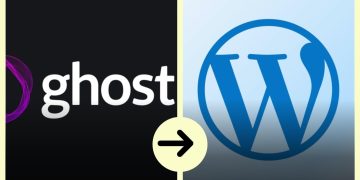 Ghost to WordPress migration: Ghost logo on the left and WordPress logo on the right with a right-pointing arrow between them.