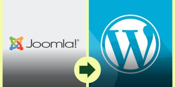 Joomla logo on the left and WordPress logo on the right with a lime circle and green arrow between, signaling migration from Joomla to WordPress.