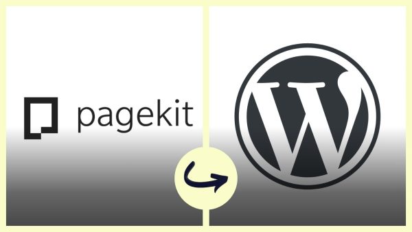 Left: Pagekit logo and text, right: WordPress logo, with a circular arrow connecting them—illustrating migrating from Pagekit to WordPress.