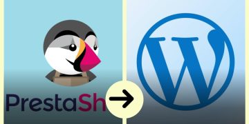 Left: PrestaShop penguin logo and text; right: WordPress logo, suggesting a link or integration between the two platforms.