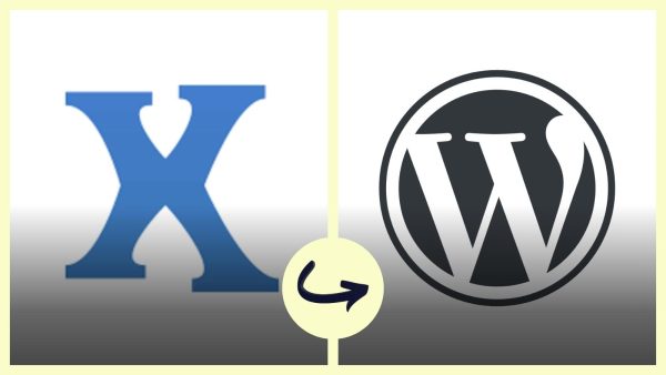 Left blue X logo and right WordPress logo with a pale yellow circle and curved arrow between them, signaling migration from X to WordPress.