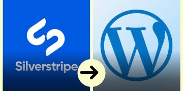 Migration concept: SilverStripe logo on the left and WordPress logo on the right with a right-facing arrow between them, indicating moving from SilverStripe to WordPress.