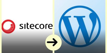Sitecore on the left and WordPress on the right with a right-arrow indicating moving from Sitecore to WordPress.