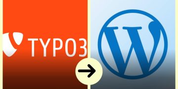 Split image with TYPO3 logo on the left and WordPress logo on the right, arrow pointing right to indicate migration or move to WordPress.