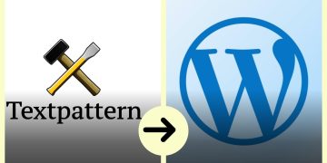 Left panel shows a hammer and pencil over the word 'Textpattern'; right panel shows the WordPress logo, connected by a rightward arrow—illustrating a CMS comparison.