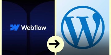 Split-screen showing Webflow on the left and WordPress on the right with a right-pointing arrow, indicating migration or switch to WordPress.