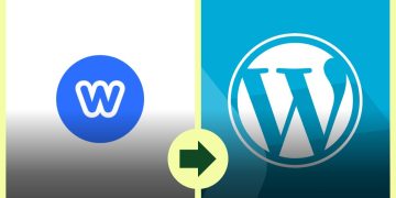 Two-panel graphic: a blue circle with a white 'W' on the left and the WordPress logo on the right, with a central pale yellow circle and green rightward arrow, implying migration to WordPress.