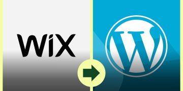 Split graphic showing Wix on the left and WordPress on the right, connected by a central arrow, illustrating migrating from Wix to WordPress