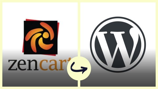 Left: Zen Cart logo, right: WordPress logo, with a circular arrow between them suggesting migration from Zen Cart to WordPress.