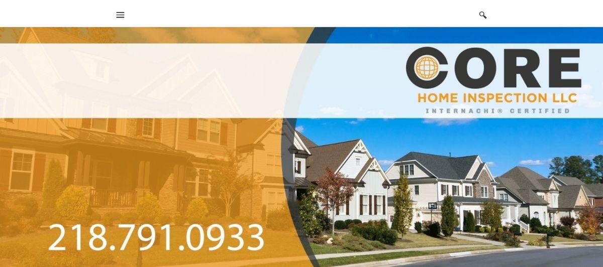 Hero image for CORE Home Inspection LLC: a suburban street with houses, an orange overlay and the CORE logo in the top right, plus the phone number 218.791.0933.